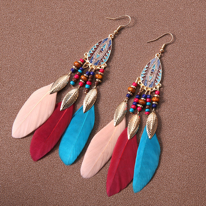 Wholesale Water Drop Tassel Feather Earrings Women's Long Bohemian Rice Beads Earrings Tourism Vacation Accessories