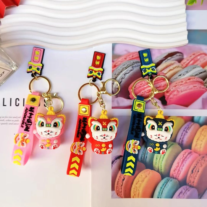 Wholesale Cartoon National Fashion Lion Dance Lucky Cat Keychain Pendant Chinese Red Couple Doll Small Pendant Personalized Car Pendant