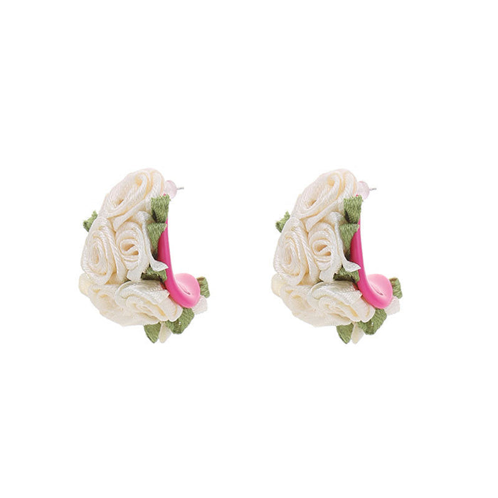 Wholesale Fabric Design Earrings Colorful C-shaped Flower Studs JDC-ES-Gute060