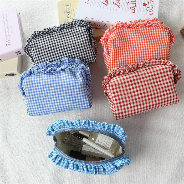 Wholesale Trendy Black Plaid Pleated Lace Pencil Case Large Capacity Student Stationery Pouch Boutique Gift
