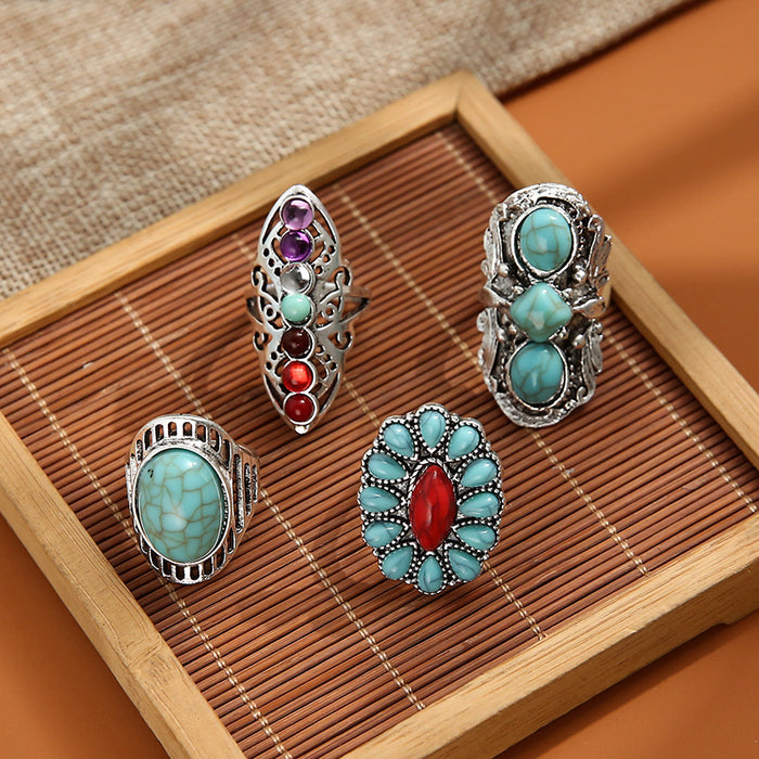 Wholesale Ethnic Style Retro Turquoise Carved Feather Ring Fashionable and Personalized 8-Piece Combination Ring Set
