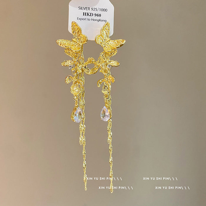 Wholesale Light luxury metal texture tassel butterfly flower earrings, new light luxury exquisite niche earrings