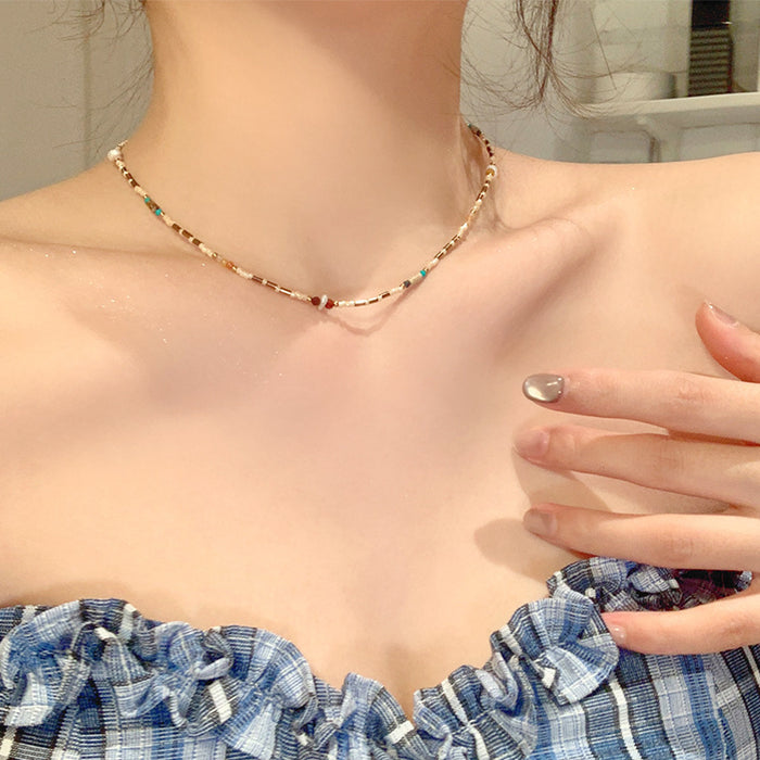 Wholesale Roman series necklace, natural stone necklace, Morandi color series, rice beads, collarbone chain, sweatshirt chain