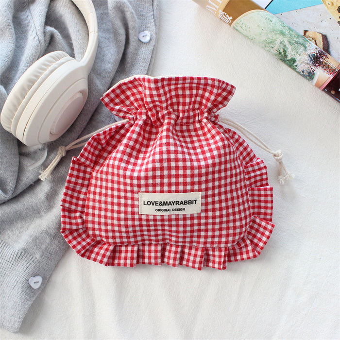 Wholesale Stylish Pink Plaid Drawstring Pouch With Lace Trim Multipurpose Travel Storage Bag For Makeup Brushes Fashion Accessory For Boutique Resale