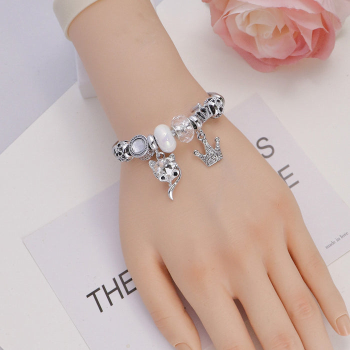 Wholesale Fox Crown Pendant Crystal Beaded Bracelet Women Stainless Steel Fashion Accessory Gift