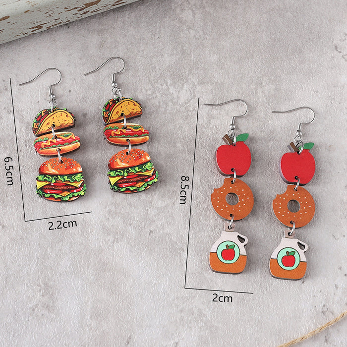 Wholesale Cute food apple donut hamburger hot dog triple pendant earrings double-sided wooden earrings