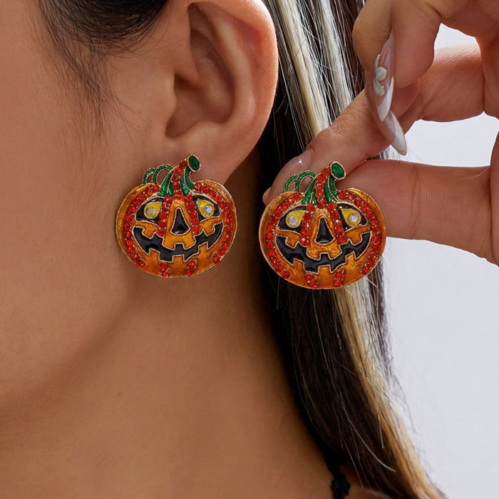 Wholesale Funny Cartoon Pumpkin Earrings Creative Graffiti Design With Pearl And Rhinestone Accents Women S Alloy Fashion Accessory