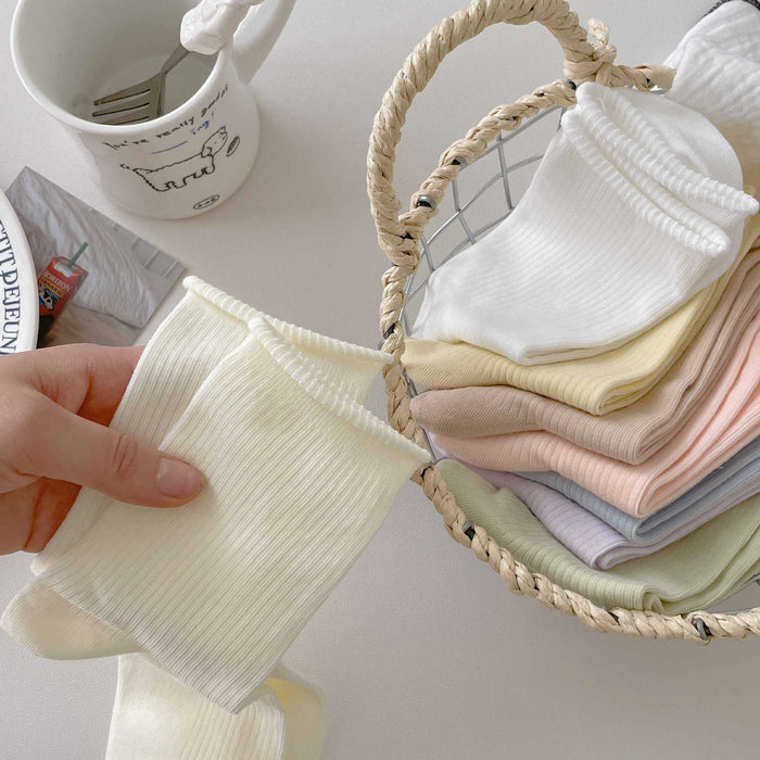 Wholesale Boneless solid color rolled edge vertical strip thin breathable cotton elastic mouth middle tube stacking socks