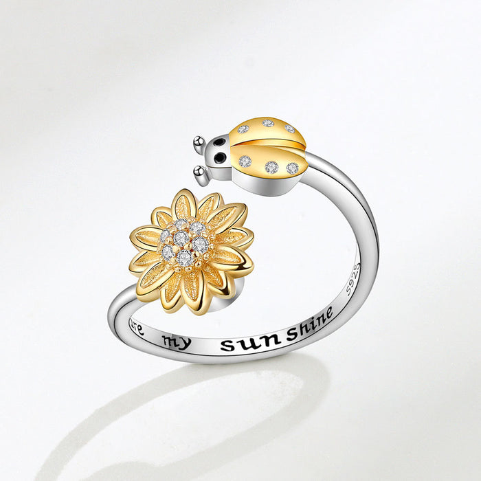Wholesale Trendy Sunflower Ladybug Adjustable Ring White Gold Tone Copper Electroplated Finish Creative You Are My Sunshine Jewelry Accessory For Women
