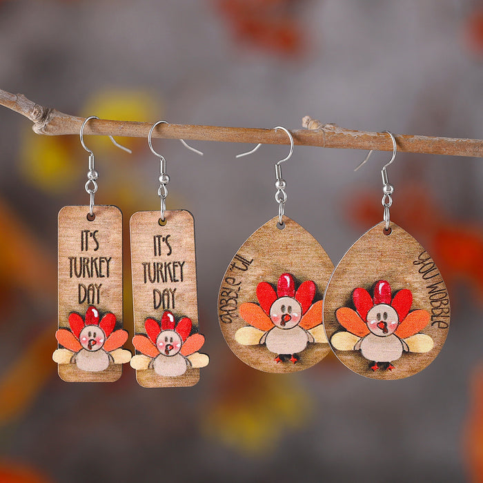 Wholesale Thanksgiving Funny Turkey Pendant Earrings Wooden Autumn Harvest Thanksgiving Double-Sided Earrings Gift