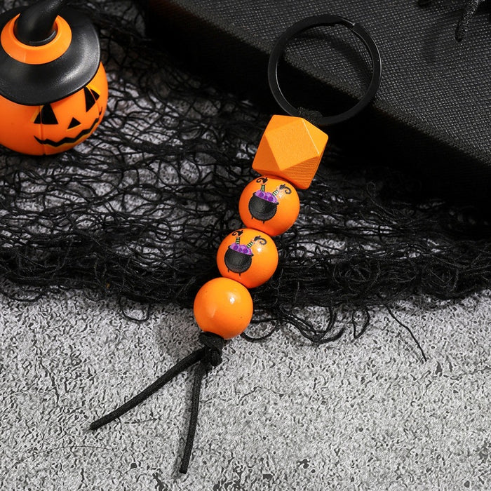 Wholesale Halloween Pumpkin Wooden Beaded Keychain JDC-KC-RongRui029