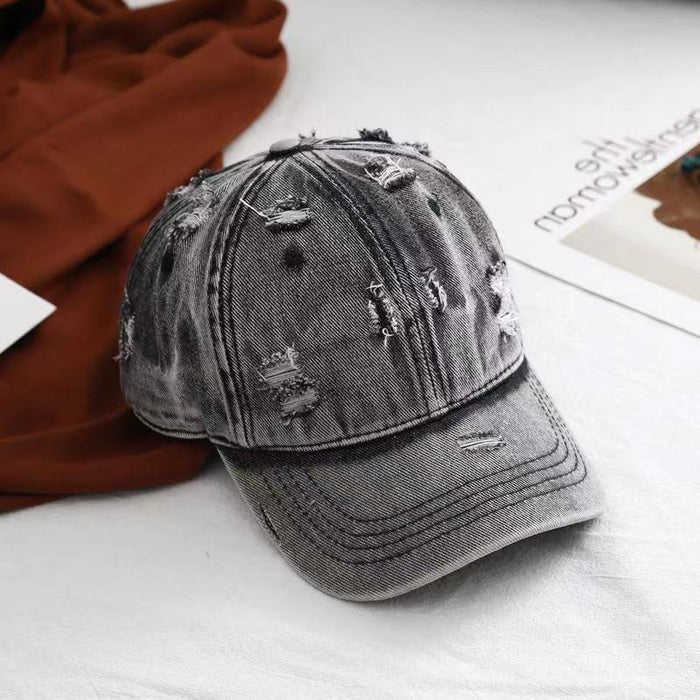 Wholesale British ripped hat, vintage distressed washed denim baseball cap, outdoor sun shading and sun protection, curved brim duckbill cap