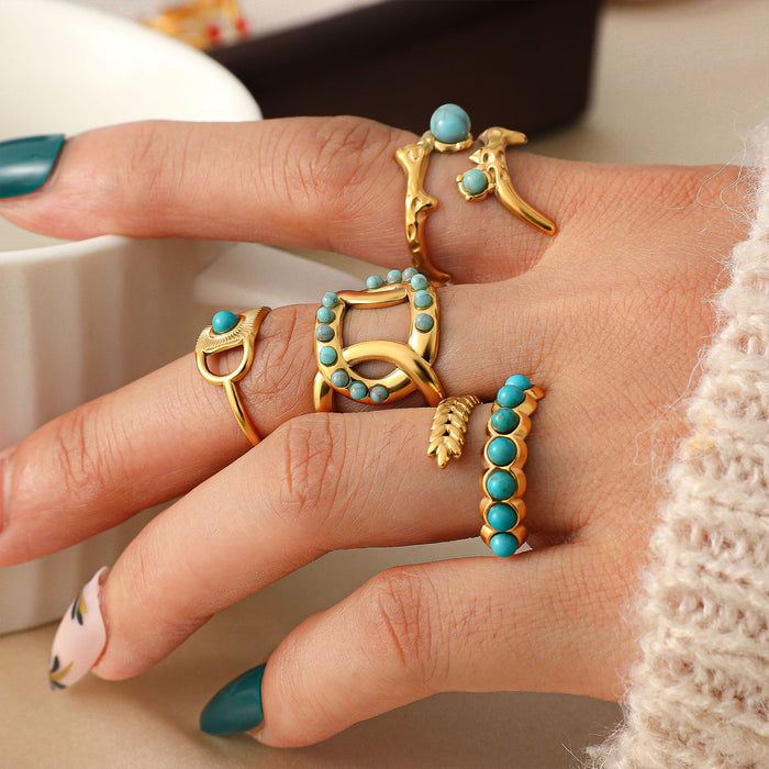 Wholesale Stainless Steel Gold Turquoise Wheat-Ear Design Adjustable rings