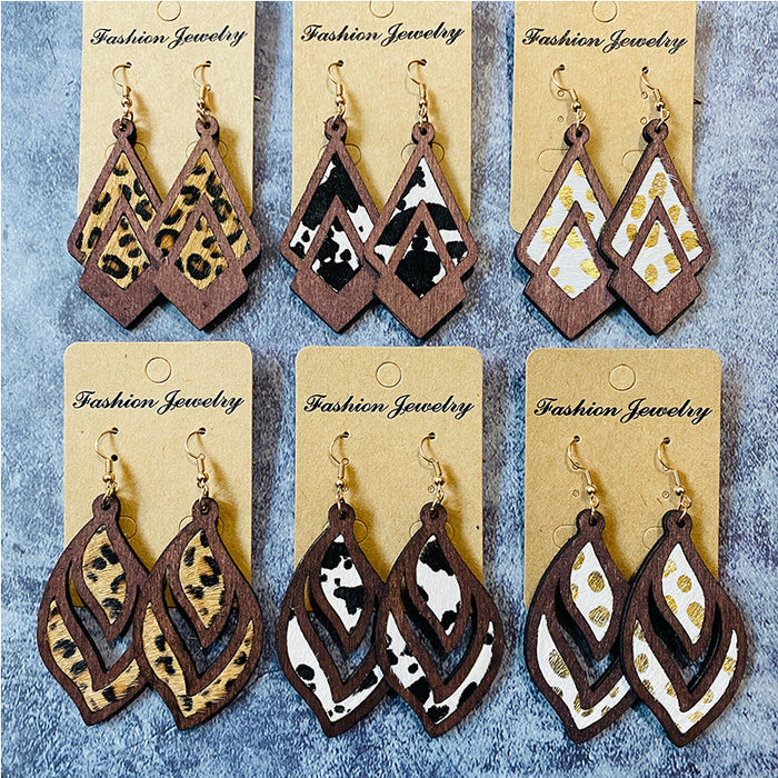 Wholesale Western retro wooden earrings leopard print milk pattern inlaid earrings geometric hollow