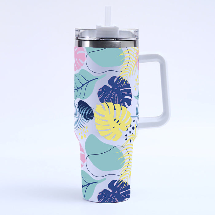 Wholesale Amazon Cross-Border 40oz Tropical Leaf Ice Cup Stainless Steel Thermal Insulation Car Cup Large Capacity with Handle