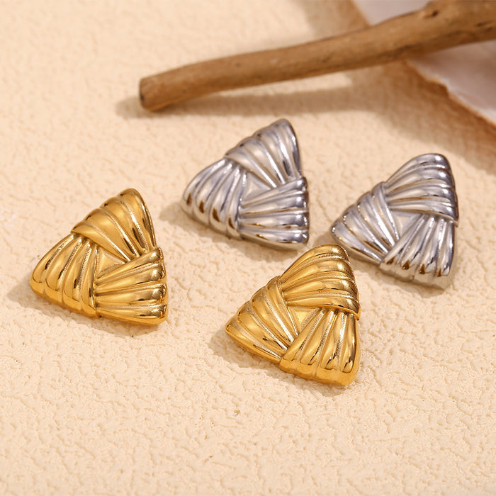 Wholesale retro earrings stainless steel 18K gold plated casting striped wrapped triangle earrings