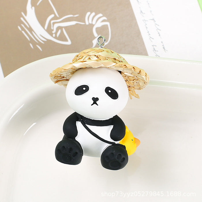 Wholesale Resin panda Friends series Creative straw hat panda Keychain Car schoolbag