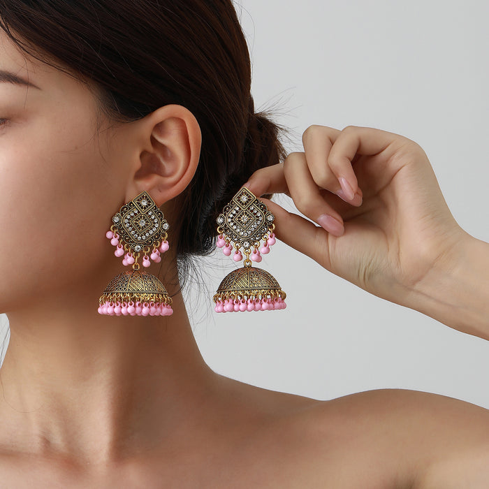 Wholesale vintage style pearl-studded rhinestone bell earrings with tassels