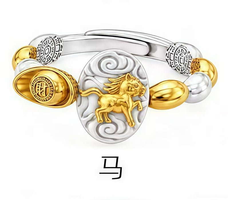 Wholesale Chinese Zodiac Rat Adjustable Open Ring Seven Grain Retro Gold Plated Copper Unisex Jewelry Boutique Resale Gift