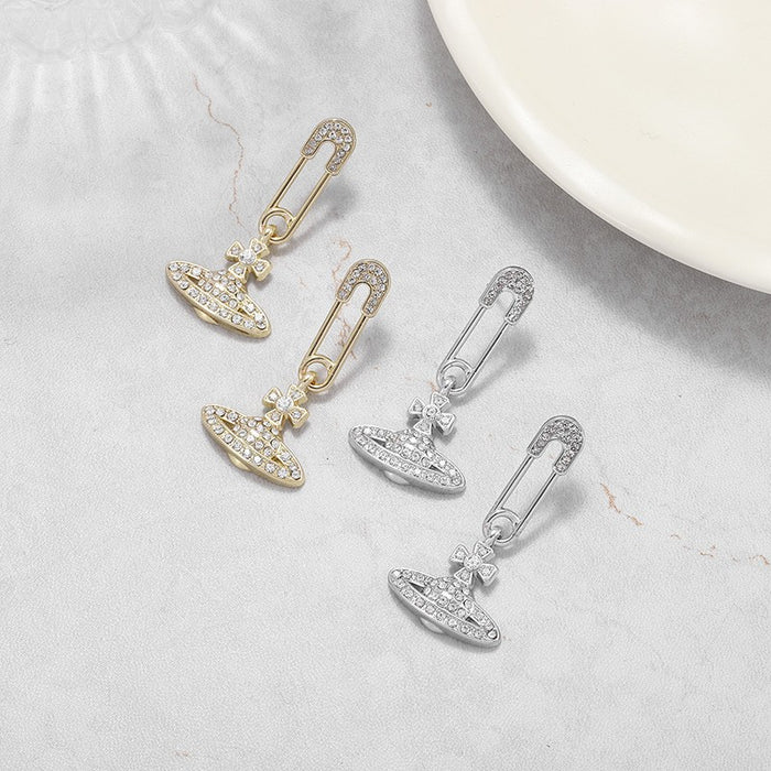 Wholesale Diamond-encrusted Saturn-shaped stud earrings