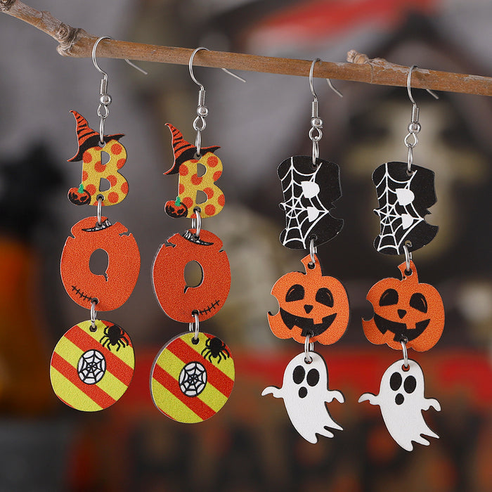 Wholesale  Ghost Pumpkin Ghost Triple ing Pendant Earrings Wooden Gothic Double-sided Earrings
