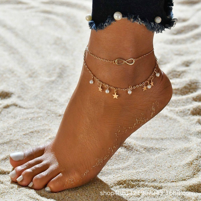 Wholesale Beach multi-layer zircon leaves, octagonal pearl ankle chain, sun moon star pattern jewelry
