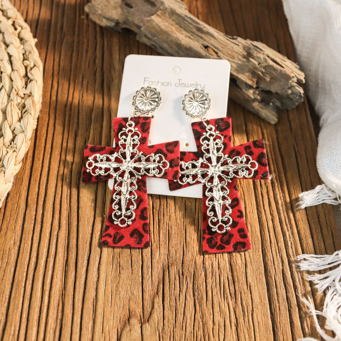 Wholesale Leather leopard print cross earrings niche design retro ing earrings