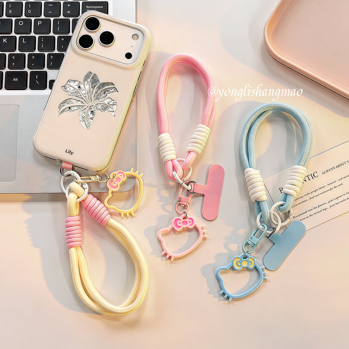 Wholesale Cute Cartoon Cat Phone Lanyard With Bag Charm Plastic Resin Double Clip Woven Wrist Strap Fashion Accessory For Girls Decorative Gift
