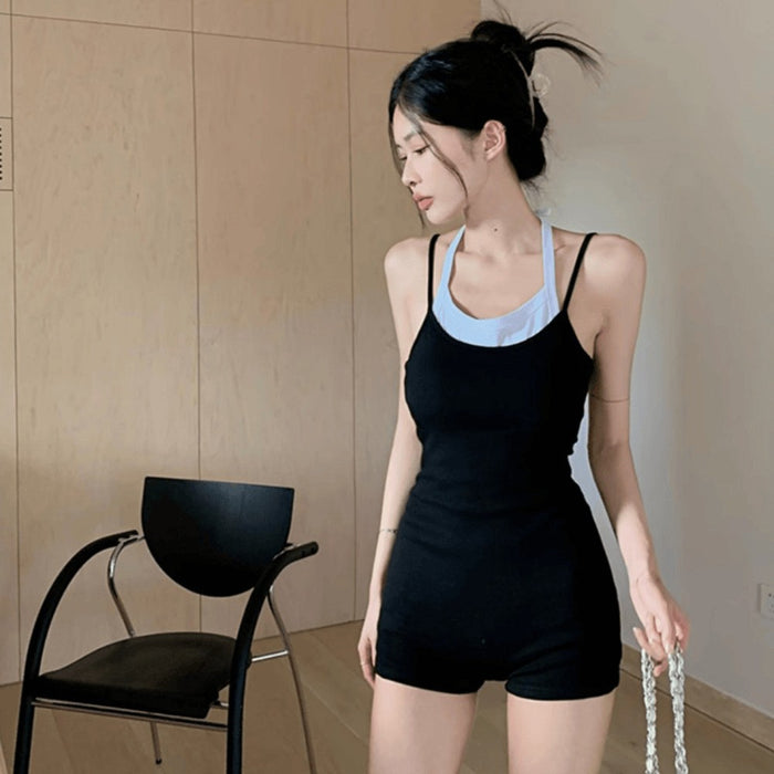 Wholesale Color blocking vest one-piece swimsuit, layered flat cornered tight swimsuit