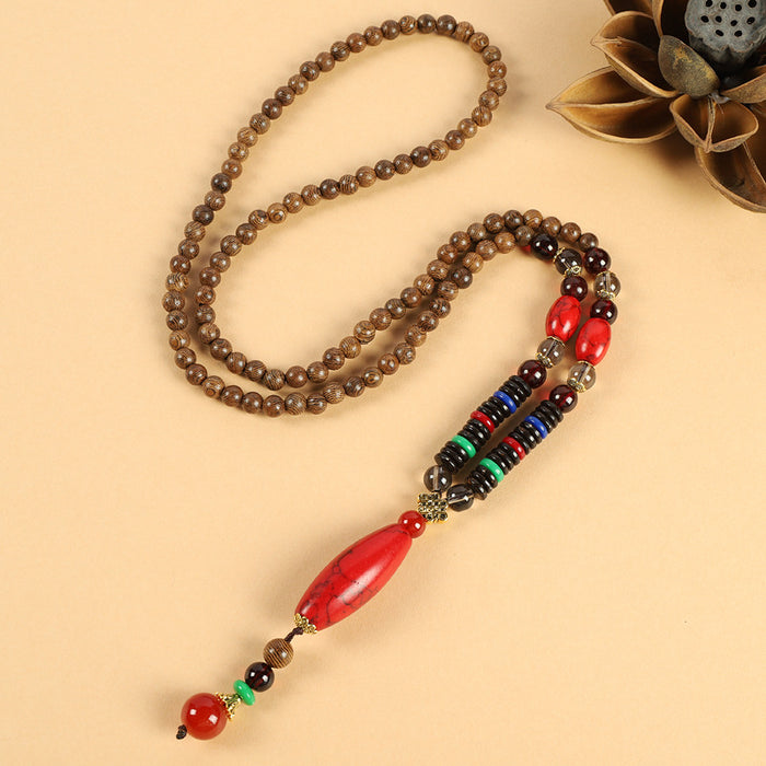 Wholesale Long Cotton and Linen Accessories Wooden Pendant Buddhist Beads Necklace JDC-NE-Luox003