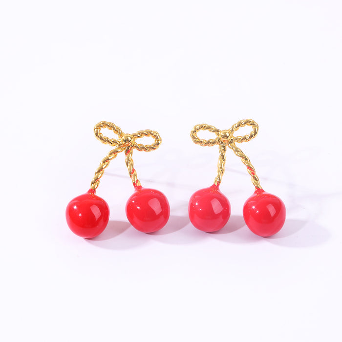 Wholesale Oil Drop Cherry Bow Earrings Cute Heart Elegant Personalized Design Earrings