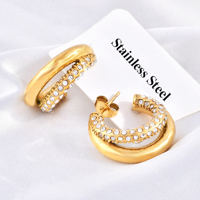Wholesale Gold-Plated Stainless Steel Double-Layer Smooth Hoop Earrings with Diamonds