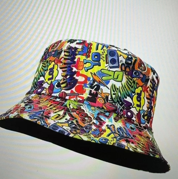 Wholesale geometric graffiti retro fisherman hat printed double-sided all-match basin hat outdoor sun hat