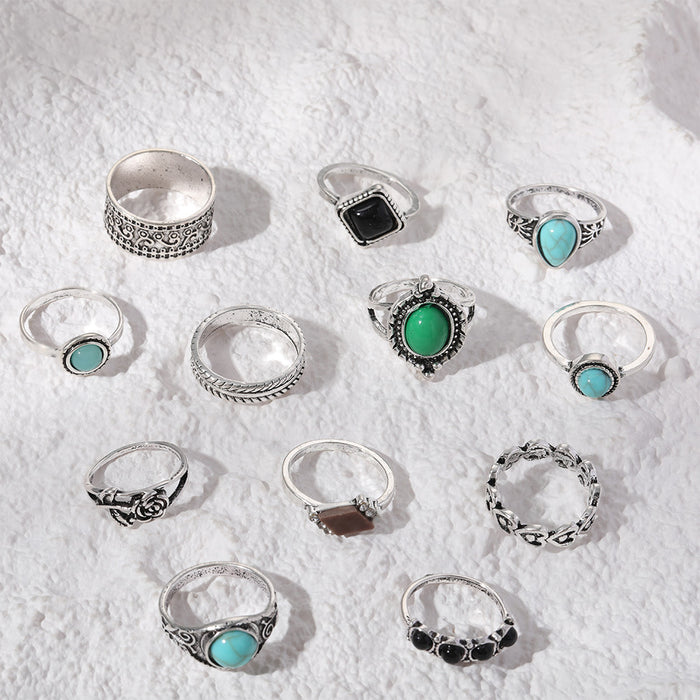 Wholesale retro rose turquoise 12 pieces set ring