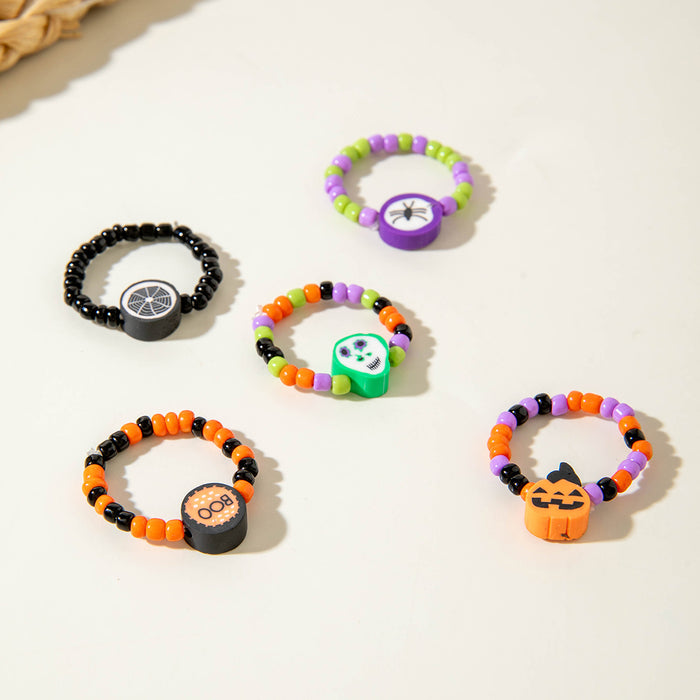 Wholesale Resin  Pumpkin Beaded Ring Set - Funny Skull  Design Unisex Fashion Accessory MOQ≥2