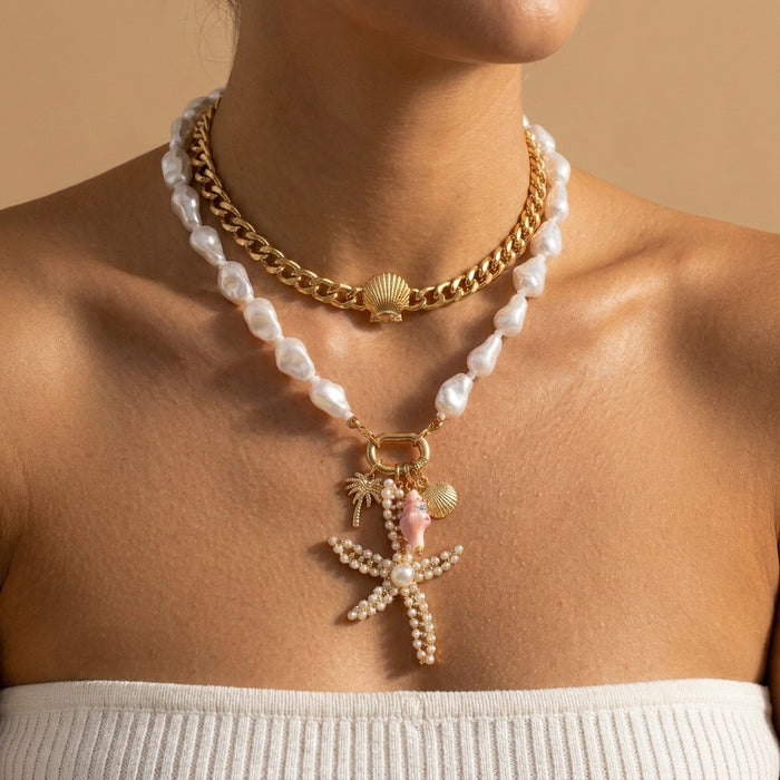 Wholesale Trendy Ocean- Layered Necklace Alloy Starfish and Shell Pendant Choker