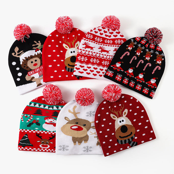 Wholesale Christmas Knitted Hats Led Light Hats for Men and Women,  Versatile Jacquard Woolen Hats with Fur Balls
