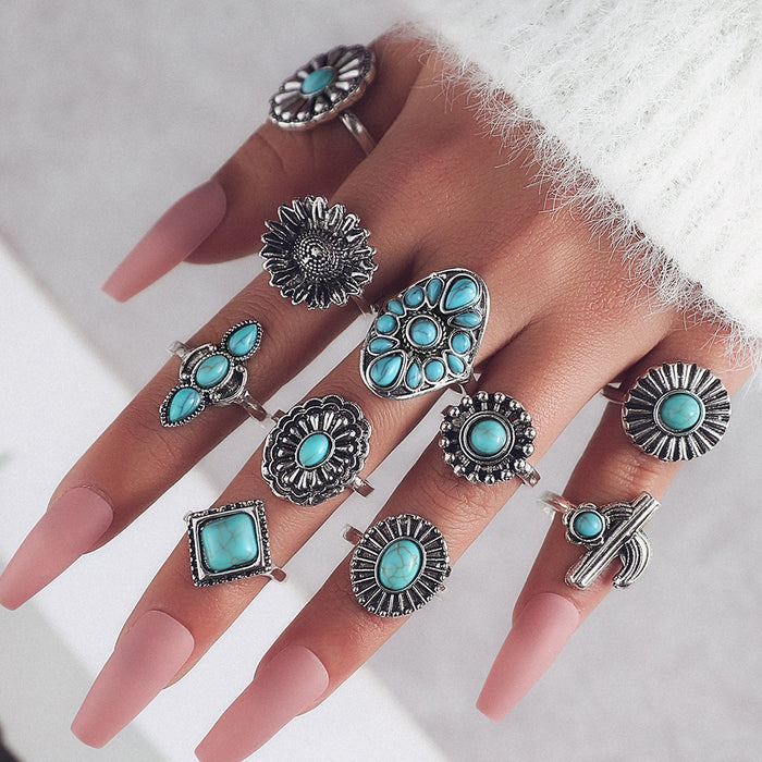 Wholesale Ethnic Style Retro Turquoise Carved Feather Ring Fashionable and Personalized 8-Piece Combination Ring Set
