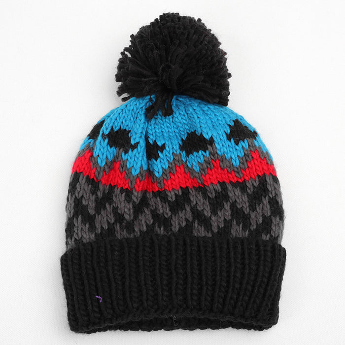 Wholesale Color blocked Geometric Diamond Jacquard Beanie with Colorful Turn-up Thickened Warm Knitted Hat