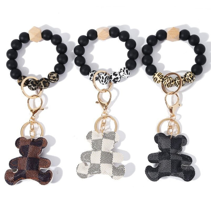 Wholesale Off-white Brown Plaid Bear PU Leather Silicone Beaded Wrist Keychain JDC-KC-HTong003