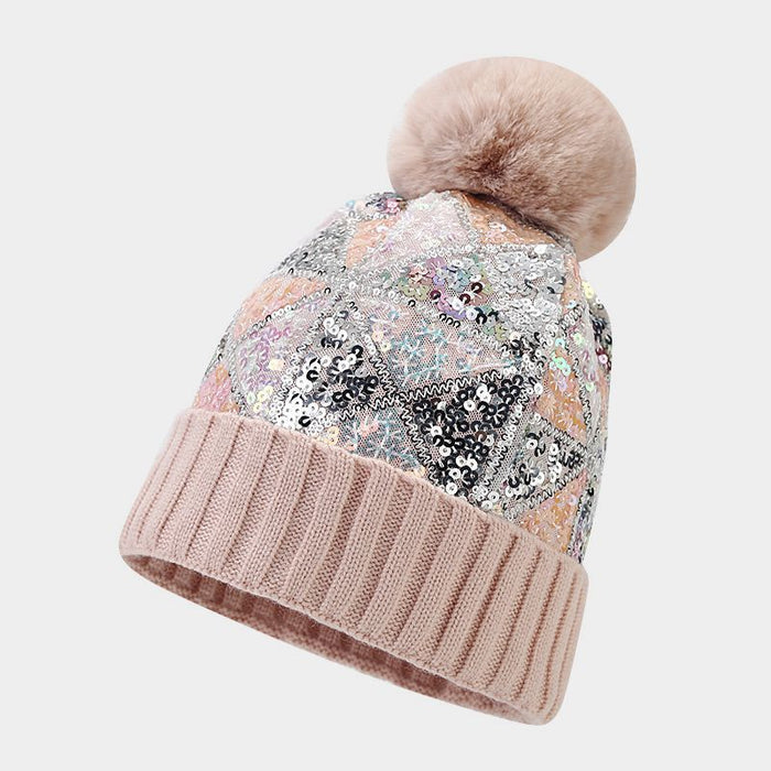 Wholesale Acrylic Colorful Sequins Thick Warm Wool Ball Ear Protection Knitted Hat JDC-FH-LvYi049