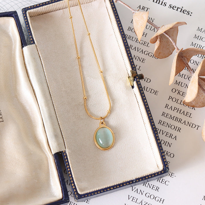 Wholesale French Vintage Cat Eye Oval Pendant Necklace 18K Gold Plated Titanium Steel Women S Everyday Jewelry