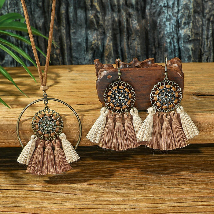Wholesale Bohemian Handmade Tassel Earring and Necklace Set Alloy Geometric Circle Fashion MOQ≥2