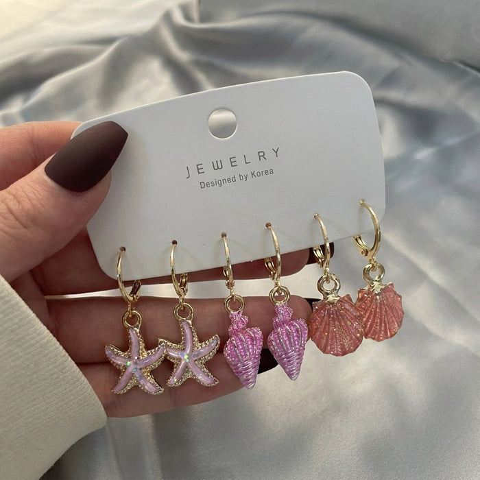 Wholesale Ocean Themed Seashell Starfish Earrings Set 3 Pairs Fashion Accessories MOQ≥2