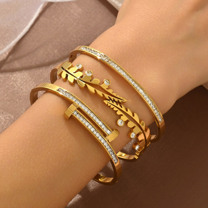 Wholesale Stainless Steel Botanical-Themed Gold-Tone Bangle Set with Rhinestones