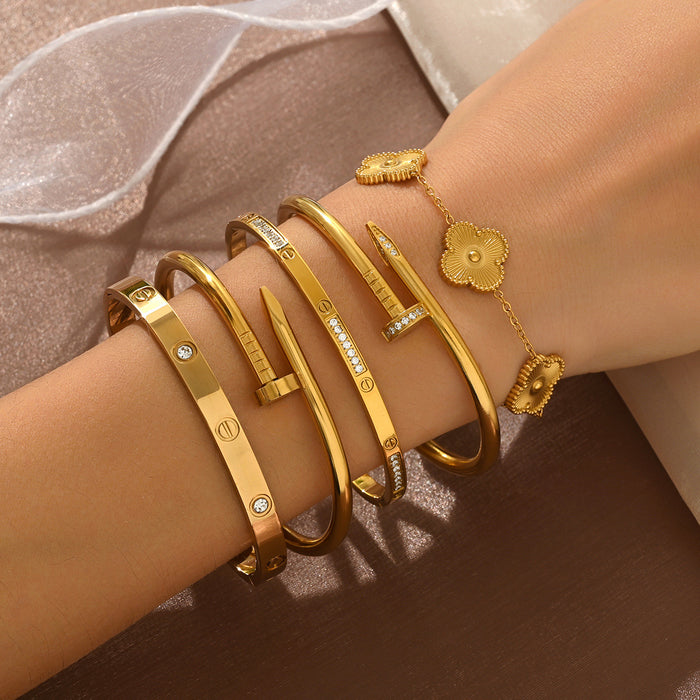 Wholesale Stylish Gold Bangle With Rhinestone Row Titanium Steel Bracelet Jewelry Accessory For Party Boutique Resale