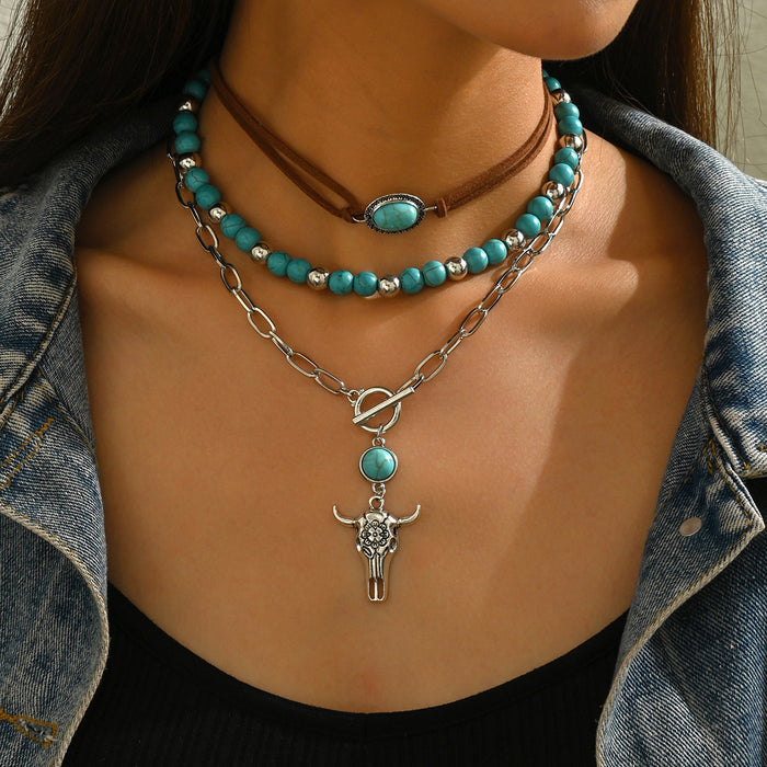 Wholesale Buckle Velvet Turquoise Inlaid Double-Layer Necklace Western Cowboy Retro Ancient Bull Head Necklace