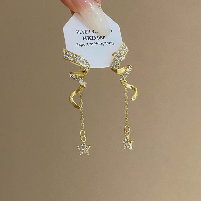 Wholesale S925 Silver Needle Diamond Geometric Spiral Twisted Earrings Star Tassel Earrings