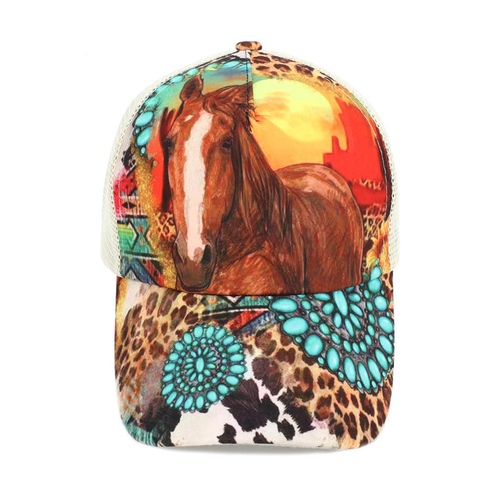 Wholesale Cotton Western Style Horse Turquoise Baseball Cap Mesh Cap JDC-FH-RongZ008