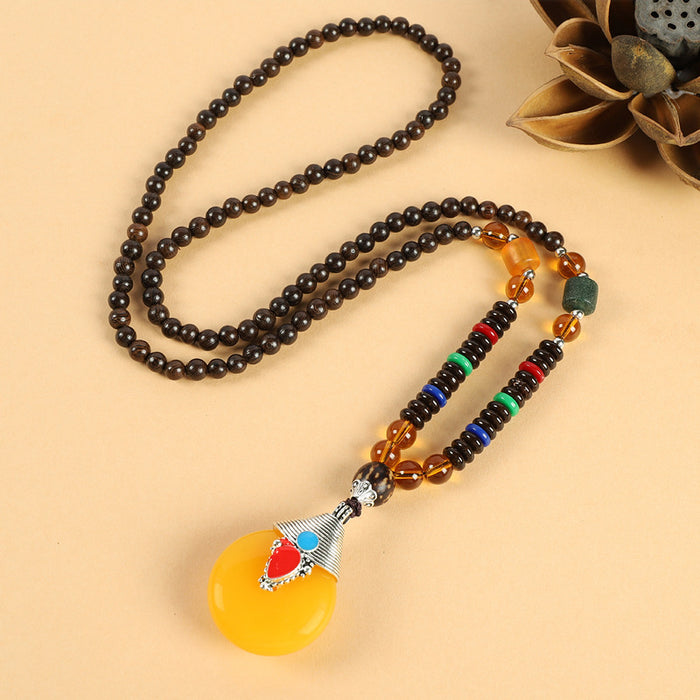 Wholesale Long Cotton and Linen Accessories Wooden Pendant Buddhist Beads Necklace JDC-NE-Luox003